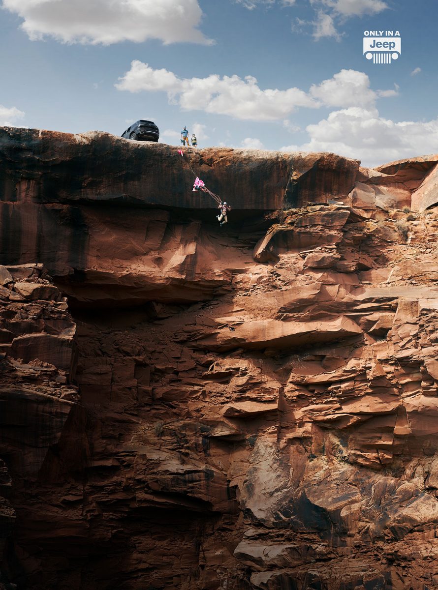 Base jumping in Moab with a Jeep.